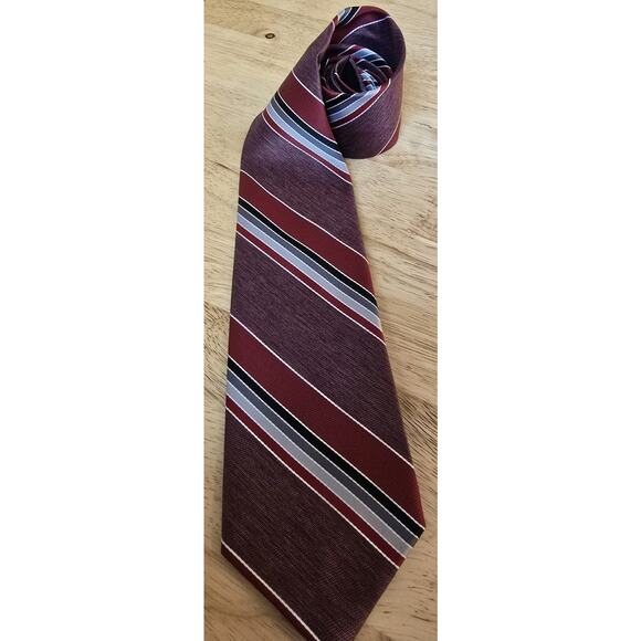 Ketch Mens Stripes Regular Tie Necktie Multi-Color Stripe Burgundy Reds Gray EUC - Picture 1 of 5